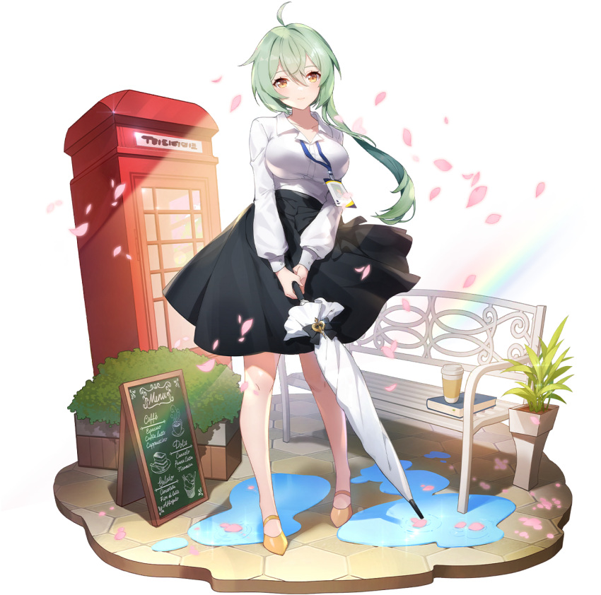 1girl ahoge bare_legs bench black_skirt book breasts brown_eyes catherine_(eversoul) coffee_cup collared_shirt cup disposable_cup eversoul full_body game_cg green_hair hair_between_eyes highres holding holding_umbrella id_card lanyard large_breasts light_blush long_sleeves looking_at_viewer medium_skirt no_headwear non-web_source official_alternate_costume official_alternate_hairstyle official_art open_collar pavement phone_booth pink_petals plant potted_plant puddle shirt short_hair sign skirt smile solo standing tachi-e transparent_background umbrella white_shirt wing_collar yellow_footwear