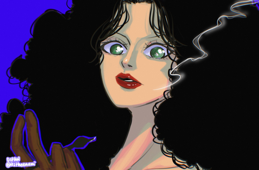 1girl black_hair blue_background brown_gloves close-up curly_hair english_commentary gloves green_eyes highres holding holding_smoking_pipe itstheenami long_hair looking_at_viewer one_piece paula_(one_piece) red_lips simple_background smoke smoking_pipe solo twitter_username
