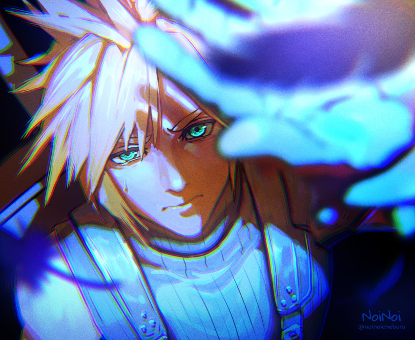 1boy aqua_eyes artist_name blonde_hair blurry blurry_foreground cloud_strife final_fantasy final_fantasy_vii final_fantasy_vii_rebirth final_fantasy_vii_remake from_above hair_between_eyes highres looking_at_viewer male_focus noinoichebura shading_eyes sleeveless sleeveless_turtleneck solo spiky_hair suspenders sweatdrop turtleneck twitter_username upper_body weapon weapon_on_back