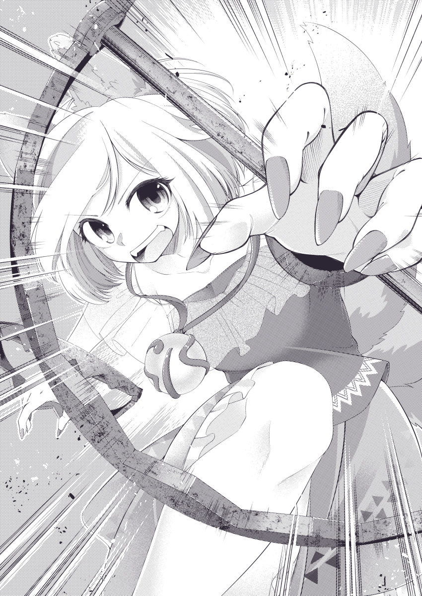 0-den 1girl absurdres animal_ears bear_trap commentary_request dog_ears dog_girl dog_tail emphasis_lines fingernails frilled_shirt frills highres jewelry long_fingernails mitsugashira_enoko monochrome necklace off-shoulder_shirt off_shoulder open_mouth shirt short_hair skirt solo strapless strapless_shirt tail touhou upper_body