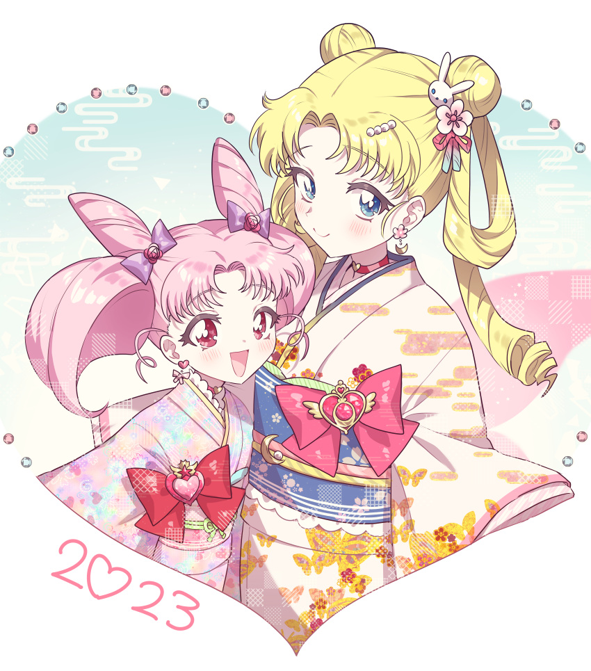 2023 2girls :d absurdres alternate_hairstyle bishoujo_senshi_sailor_moon blonde_hair blue_eyes bow chibi_usa choker closed_mouth cone_hair_bun crisis_moon_compact dot_nose double_bun earrings flower flower_earrings hair_bow hair_bun hair_flower hair_ornament hair_rings hairpin heart heart_choker heart_earrings highres japanese_clothes jewelry kimono long_hair looking_at_viewer loveodoro multiple_girls open_mouth parted_bangs pink_hair pink_kimono print_kimono purple_bow rabbit_hair_ornament red_bow red_choker red_eyes red_flower red_rose rose short_hair smile tsukino_usagi twintails