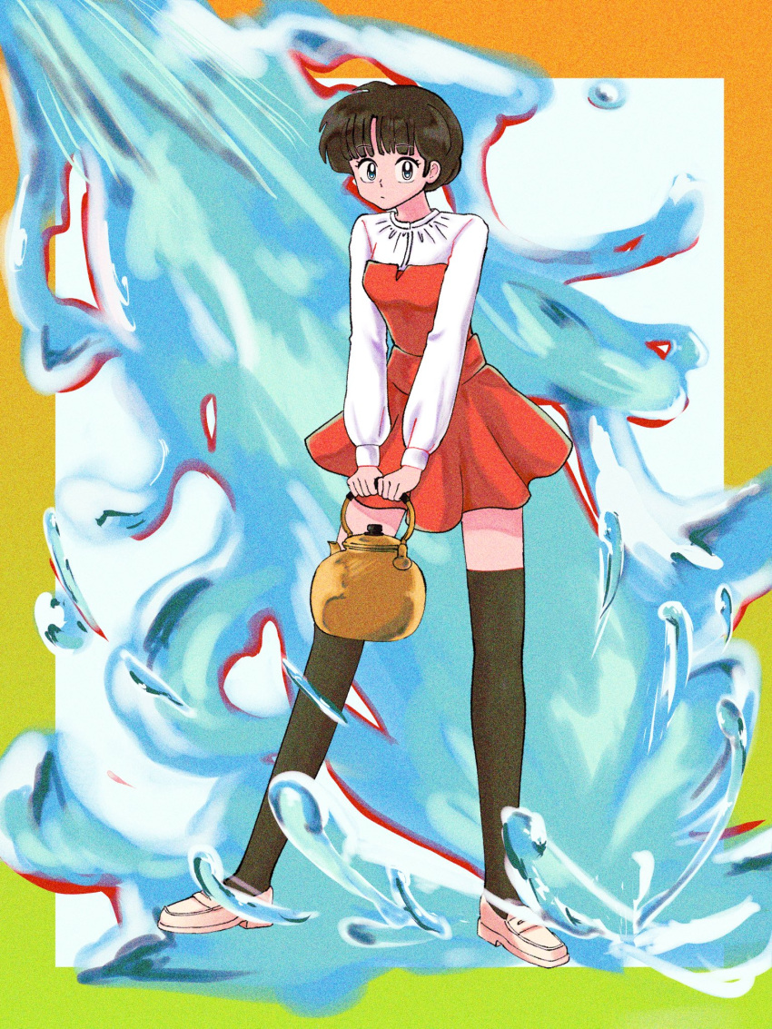 1girl black_eyes black_hair black_thighhighs blunt_bangs border commentary dress film_grain gradient_border green_border highres holding_kettle kettle kmr_doodle loafers long_sleeves looking_at_viewer orange_border own_hands_together ranma_1/2 red_dress shirt shoes short_dress short_hair solo splashing tendou_akane thigh-highs v_arms water white_footwear white_shirt yellow_border zettai_ryouiki