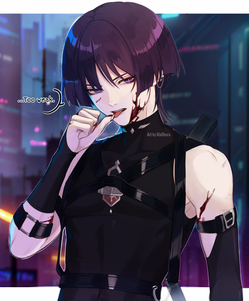 1boy absurdres alternate_costume armpits bishounen black_shirt blood blood_on_face chest_harness cityscape english_text genshin_impact hand_up harness highres illa_ohara male_focus purple_hair scaramouche_(genshin_impact) shirt short_hair sleeveless solo tongue tongue_out upper_body violet_eyes