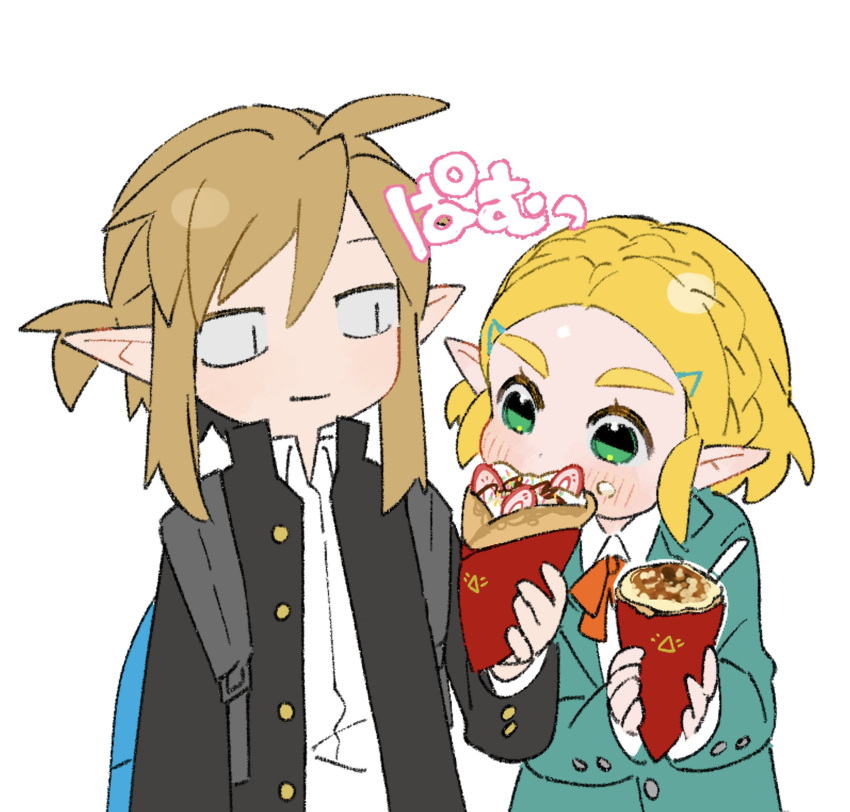 1boy 1girl alternate_costume antenna_hair backpack bag black_jacket blonde_hair blue_bag bow bowtie braid commentary_request contemporary crepe crown_braid food green_eyes green_jacket hair_ornament hairclip highres holding holding_food holding_ice_cream ice_cream ice_cream_crepe jacket koi_(nisikicoi) link looking_at_another pointy_ears princess_zelda red_bow red_bowtie shirt short_hair short_ponytail simple_background standing the_legend_of_zelda the_legend_of_zelda:_tears_of_the_kingdom white_background white_shirt |_|