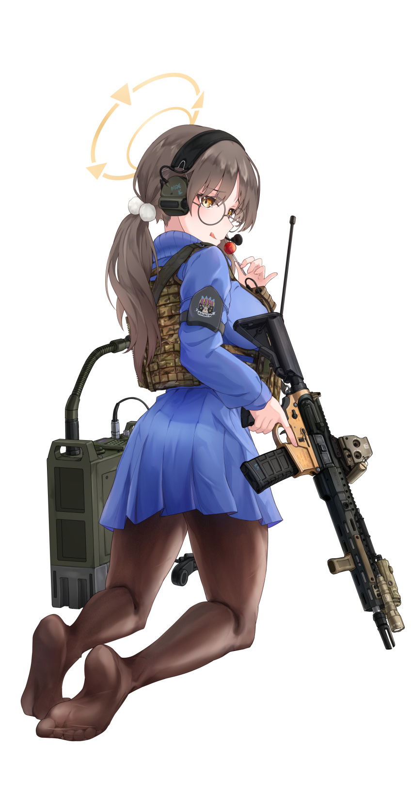 1girl absurdres black_pantyhose blue_archive blue_skirt blue_sweater blush breasts brown_eyes brown_hair clov3r full_body glasses gun halo headphones headset highres holding holding_gun holding_weapon large_breasts long_hair long_sleeves moe_(blue_archive) no_shoes pantyhose pleated_skirt round_eyewear simple_background skirt soles solo sweater toes tongue tongue_out twintails weapon white_background yellow_halo