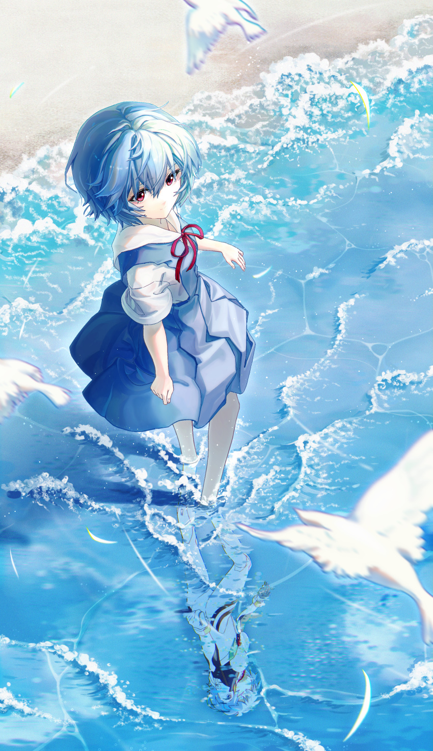 1girl absurdres ayanami_rei beach bird blue_dress blue_hair chinese_commentary commentary_request day different_reflection dress dual_persona from_above full_body highres monody791 neck_ribbon neon_genesis_evangelion ocean outdoors pinafore_dress plugsuit red_eyes red_ribbon reflection ribbon sailor_collar school_uniform short_hair sleeveless sleeveless_dress smile solo standing tokyo-3_middle_school_uniform wading water