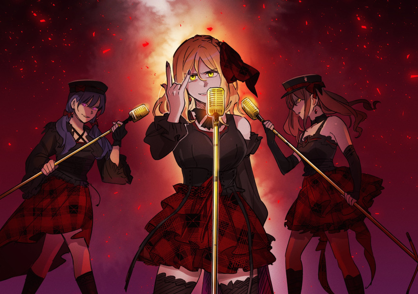 3girls \m/ ascot bare_shoulders black_ascot black_choker black_hat black_nails black_shirt black_sleeves black_socks black_thighhighs blonde_hair blue_hair braid choker commentary crown_braid detached_sleeves earrings english_commentary fire green_eyes guilty_kiss_(love_live!) hand_up highres holding holding_microphone_stand jewelry kneehighs long_hair looking_at_viewer love_live! love_live!_sunshine!! matsuura_kanan microphone_stand multiple_girls ohara_mari parted_lips pito_(sh02327) plaid plaid_skirt purple_background red_background red_skirt redhead sakurauchi_riko shirt skirt smile socks sparks thigh-highs twintails violet_eyes yellow_eyes