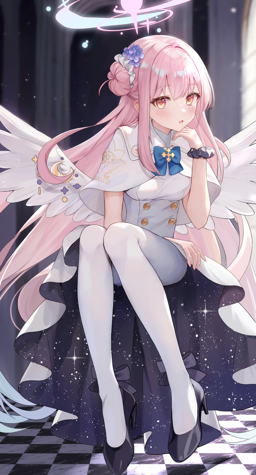 1girl angel_wings aria_(ariacue) badge black_bow black_footwear blue_archive blue_bow blurry blurry_background blush bow breasts button_badge capelet checkered_floor commentary cross dress eye_reflection feathered_wings fingernails flower footwear_bow gradient_hair gradient_halo hair_bun hair_flower hair_ornament hair_ribbon halo hand_on_own_chin high_heels highres invisible_chair knees_up large_breasts long_hair looking_at_viewer low_wings mika_(blue_archive) multicolored_hair multicolored_halo nail_polish open_mouth pantyhose pink_hair pink_halo pink_nails print_capelet print_dress print_scrunchie pumps purple_flower purple_scrunchie reflection ribbon scrunchie single_side_bun sitting solo starry_sky_print thighs trinity_general_school_logo underbust white_capelet white_dress white_pantyhose white_ribbon white_wings wings wrist_scrunchie yellow_eyes