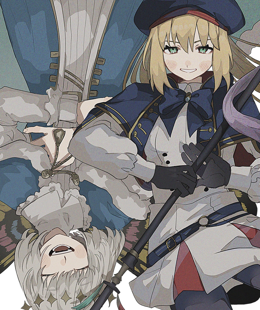 1boy 1girl arthropod_boy artoria_caster_(fate) artoria_caster_(second_ascension)_(fate) artoria_pendragon_(fate) belt beret black_gloves blonde_hair blue_belt blue_cape blue_capelet blue_cloak blush butterfly_wings buttons cape capelet cloak crown diamond_hairband double-breasted dress fate/grand_order fate_(series) gloves green_eyes grey_hair hat highres holding holding_staff hood hooded_cape insect_wings long_hair long_sleeves looking_at_viewer marmyadose_(fate) medium_hair multicolored_cape multicolored_capelet multicolored_cloak multicolored_clothes o-ring o-ring_belt oberon_(fate) open_mouth ornament pantyhose smile staff striped_belt syua twintails wings