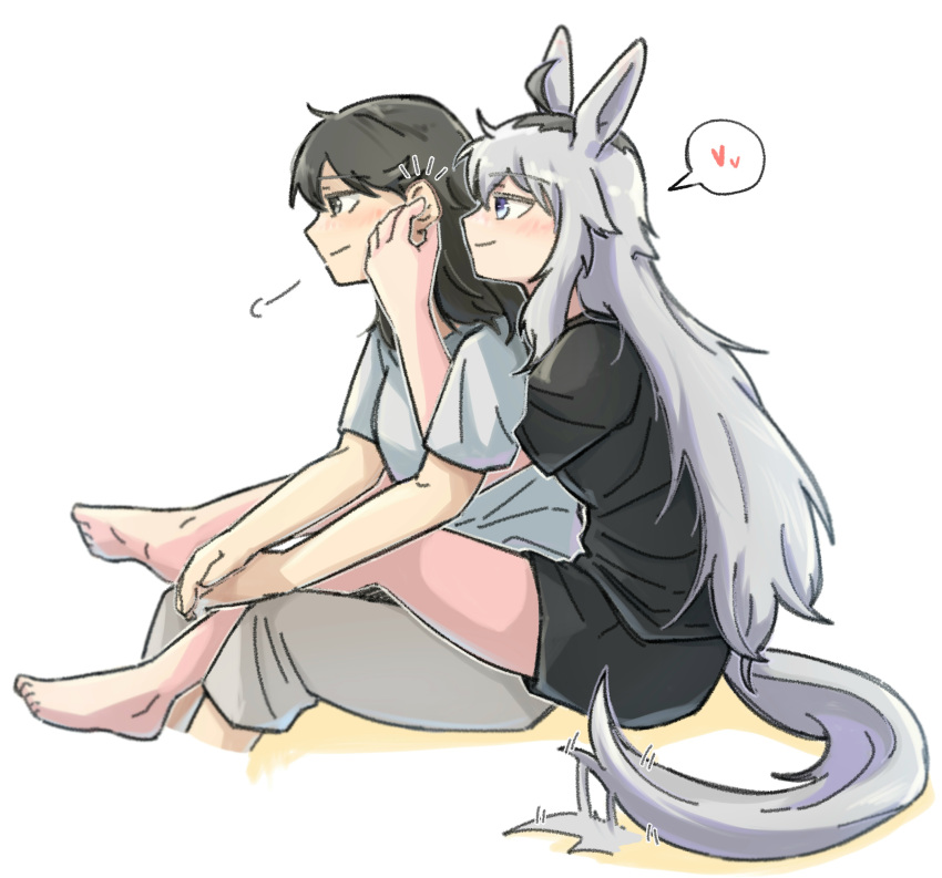 2girls absurdres ahoge animal_ears barefoot black_hair black_shirt blush closed_mouth commentary_request couple full_body grey_eyes grey_hair hand_on_another's_ear heart highres horse_ears horse_girl horse_tail hug hug_from_behind korean_commentary leg_wrap long_hair looking_at_another multicolored_hair multiple_girls oguri_cap_(umamusume) seung-aeja shirt short_sleeves simple_background sitting smile spoken_heart tail tail_wagging umamusume white_background white_hair