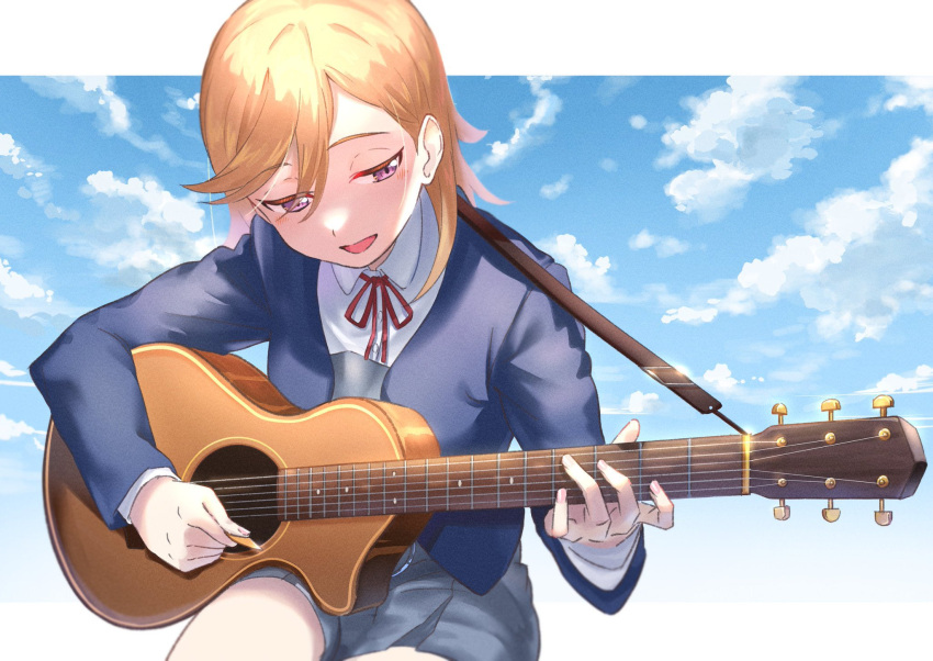 1girl acoustic_guitar blue_jacket blue_sky clouds collared_shirt commentary_request dress grey_dress guitar highres holding holding_plectrum instrument jacket long_sleeves looking_at_object love_live! love_live!_superstar!! medium_hair music neck_ribbon open_clothes open_jacket open_mouth orange_hair playing_instrument plectrum red_ribbon repurika ribbon school_uniform shibuya_kanon shirt sitting sky solo upper_body violet_eyes white_shirt winter_uniform yuigaoka_school_uniform