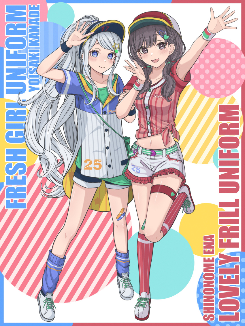 2girls absurdres beret blush breasts flat_chest full_body hair_ornament hat highres hinato1710 long_hair looking_at_viewer medium_breasts multiple_girls navel open_mouth ponytail project_sekai shinonome_ena shoes short_sleeves shorts sidelocks smile sneakers standing standing_on_one_leg violet_eyes yoisaki_kanade