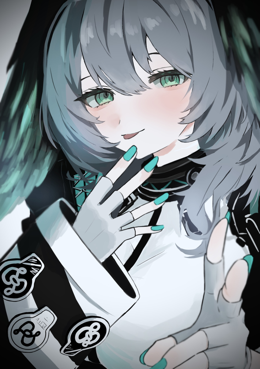 1girl 773yuusya absurdres aqua_nails arknights black_wings blush close-up commentary_request dress feathered_wings fingernails gloves green_eyes grey_hair head_wings highres ho'olheyak_(arknights) long_sleeves looking_at_viewer nail_polish short_hair solo tongue tongue_out v white_dress white_gloves wings