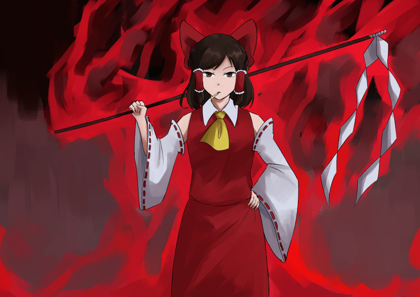 absurdres ascot bow cigarette collar detached_sleeves frilled_hair_tubes frills gebura_(project_moon) gohei hair_tubes hakama hakurei_reimu highres holding holding_gohei japanese_clothes library_of_ruina miko muzilana project_moon red_bow red_hakama red_shirt red_skirt shirt skirt smoking touhou yellow_ascot
