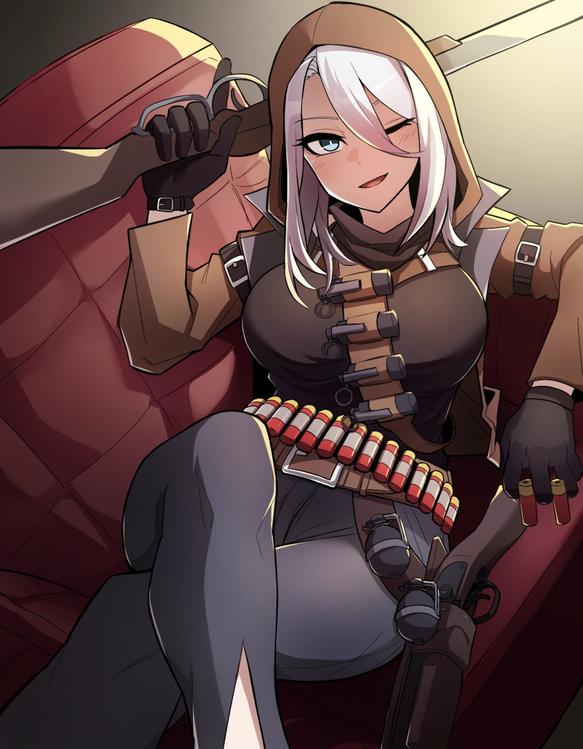 1girl ;d arm_belt bandolier belt black_gloves blue_eyes bright_pupils brown_belt bullet collared_jacket commission couch crossed_legs double-barreled_shotgun explosive flashbang gloves grenade gun hair_between_eyes highres holding holding_bullet holding_gun holding_weapon holster holstered hood hood_up hooded_jacket jacket looking_at_viewer on_couch one_eye_closed open_clothes open_jacket original rifle shotgun shotgun_shell smile solo sung08ko weapon white_hair