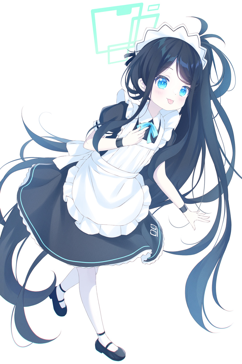 1girl absurdly_long_hair apron aris_(blue_archive) aris_(maid)_(blue_archive) black_dress black_footwear black_hair blue_archive blue_eyes blush closed_mouth dress frilled_apron frills full_body green_halo halo highres long_hair maid maid_apron maid_headdress official_alternate_costume one_side_up pantyhose shoes short_sleeves simple_background smile solo tongue tongue_out very_long_hair white_apron white_background white_pantyhose yottacc