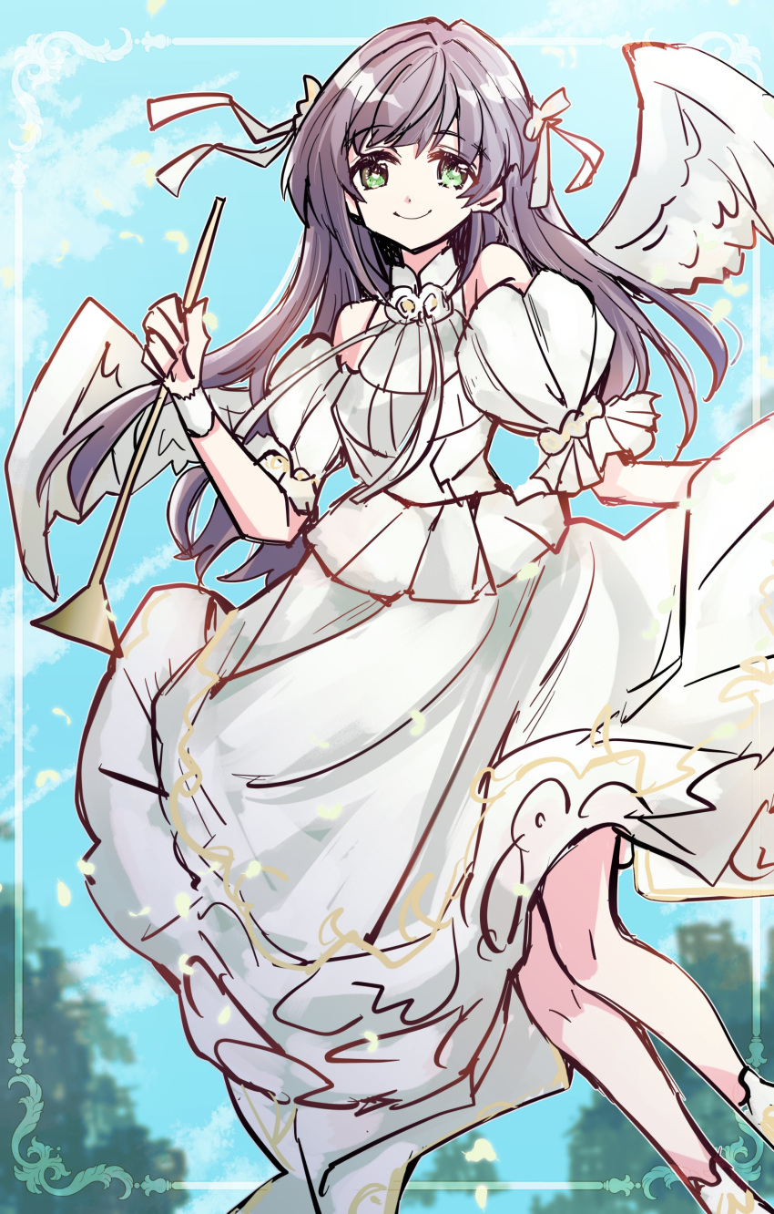 1girl absurdres angel angel_wings blue_sky blurry blurry_background border closed_mouth clothing_cutout commentary_request dress feet_out_of_frame green_eyes hair_ribbon highres holding kanduki_kamibukuro link!_like!_love_live! long_hair looking_at_viewer love_live! medium_dress official_alternate_costume ornate_border otomune_kozue puffy_short_sleeves puffy_sleeves purple_hair ribbon short_sleeves shoulder_cutout sidelocks sky smile solo white_dress white_ribbon white_wings wings