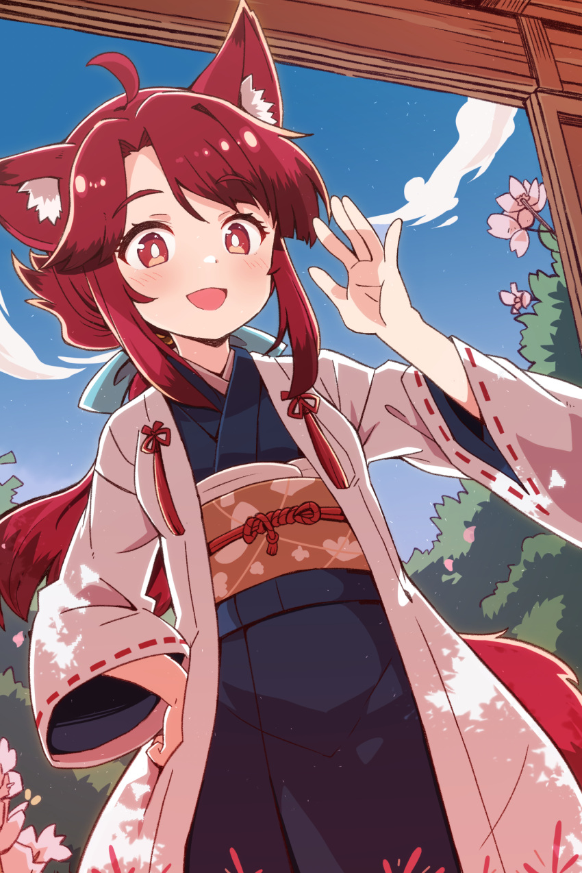 1girl ahoge animal_ears blue_kimono blue_sky bush clouds commentary_request cowboy_shot day flower fox_ears fox_girl fox_tail hand_on_own_hip hand_up haori highres jacket japanese_clothes kimono light_blush long_hair looking_at_viewer obi open_mouth original outdoors red_eyes red_ribbon red_tail redhead ribbon sash sidelocks sky solo standing tail waving white_jacket yukinagi