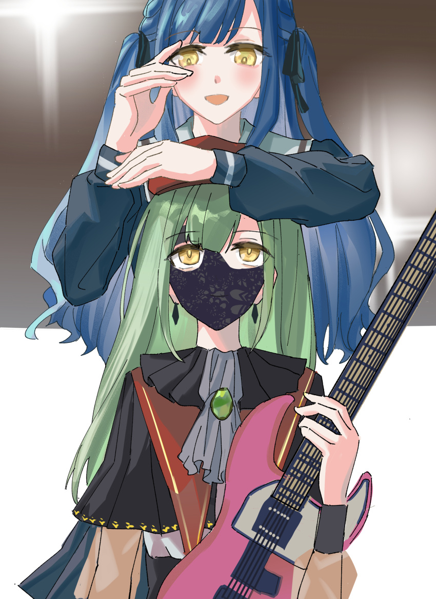 2girls absurdres ascot bang_dream! bang_dream!_it's_mygo!!!!! black_capelet black_mask black_ribbon black_shirt blue_hair capelet commentary_request deep_dig earrings electric_guitar green_hair grey_ascot guitar hair_ribbon highres holding holding_guitar holding_instrument instrument jewelry long_hair long_sleeves mask mouth_mask multiple_girls open_mouth red_hat ribbon school_uniform see-through see-through_sleeves shirt togawa_sakiko tsukinomori_school_uniform two_side_up wakaba_mutsumi wristband yellow_eyes