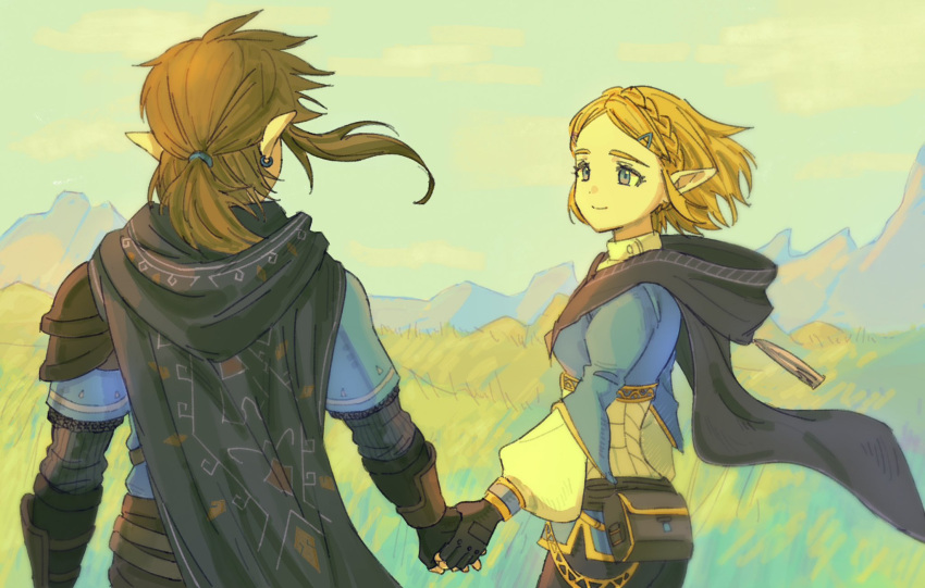 1boy 1girl 51amimn bag black_gloves blonde_hair blue_eyes blue_tunic breasts brown_hair champion's_tunic_(zelda) closed_mouth day fingerless_gloves gloves grass hair_ornament hairclip highres holding_hands hood hood_down link long_sleeves mountain outdoors pointy_ears ponytail princess_zelda sky the_legend_of_zelda the_legend_of_zelda:_breath_of_the_wild tunic