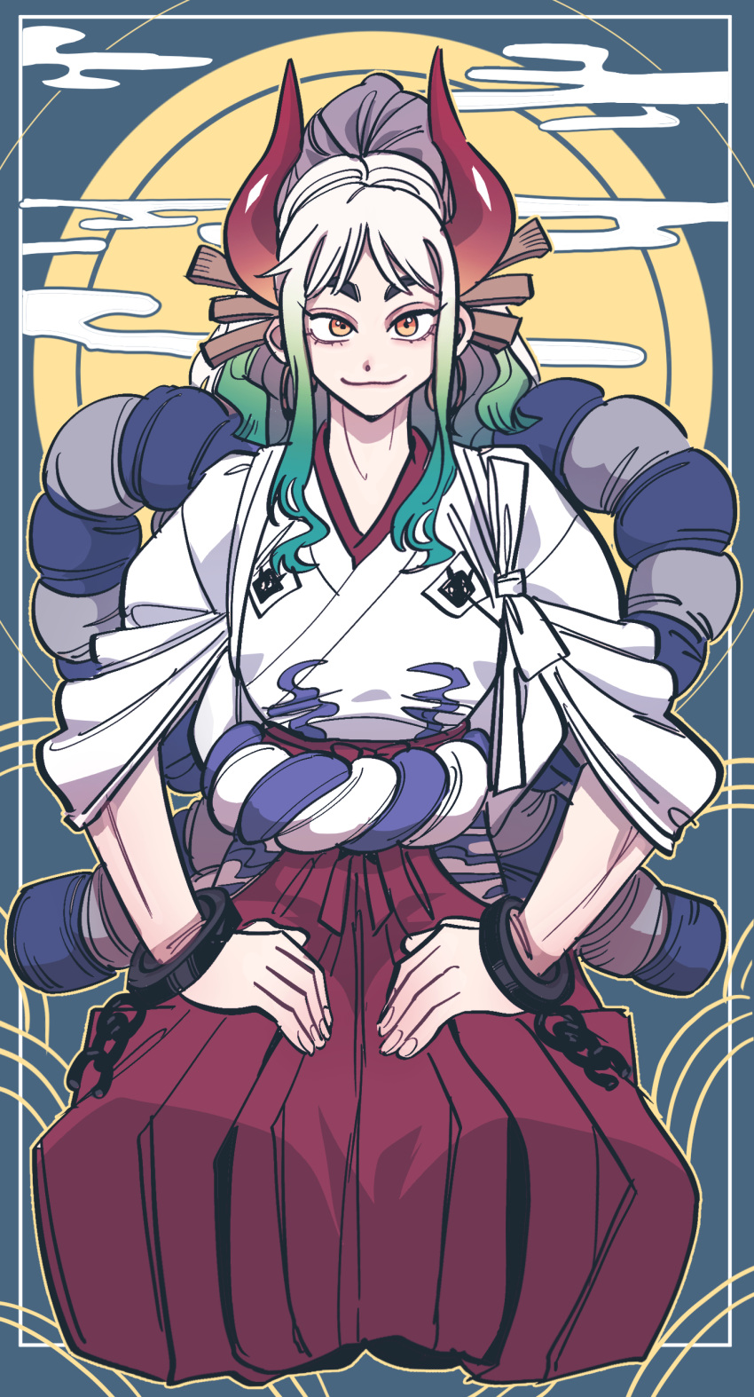 1girl :3 absurdres chain closed_mouth full_body gradient_hair green_hair hakama hands_on_lap highres horns japanese_clothes kimono long_hair looking_at_viewer margare multicolored_hair one_piece orange_eyes red_hakama sitting solo white_hair white_kimono yamato_(one_piece)
