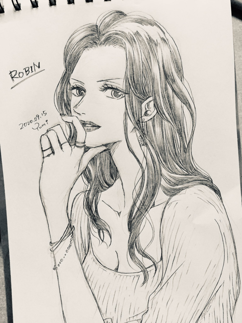 1girl artist_name bracelet character_name commentary_request dated earrings greyscale hanakotoba28 hand_on_own_face highres jewelry long_hair looking_at_viewer monochrome nico_robin one_piece ring shirt solo