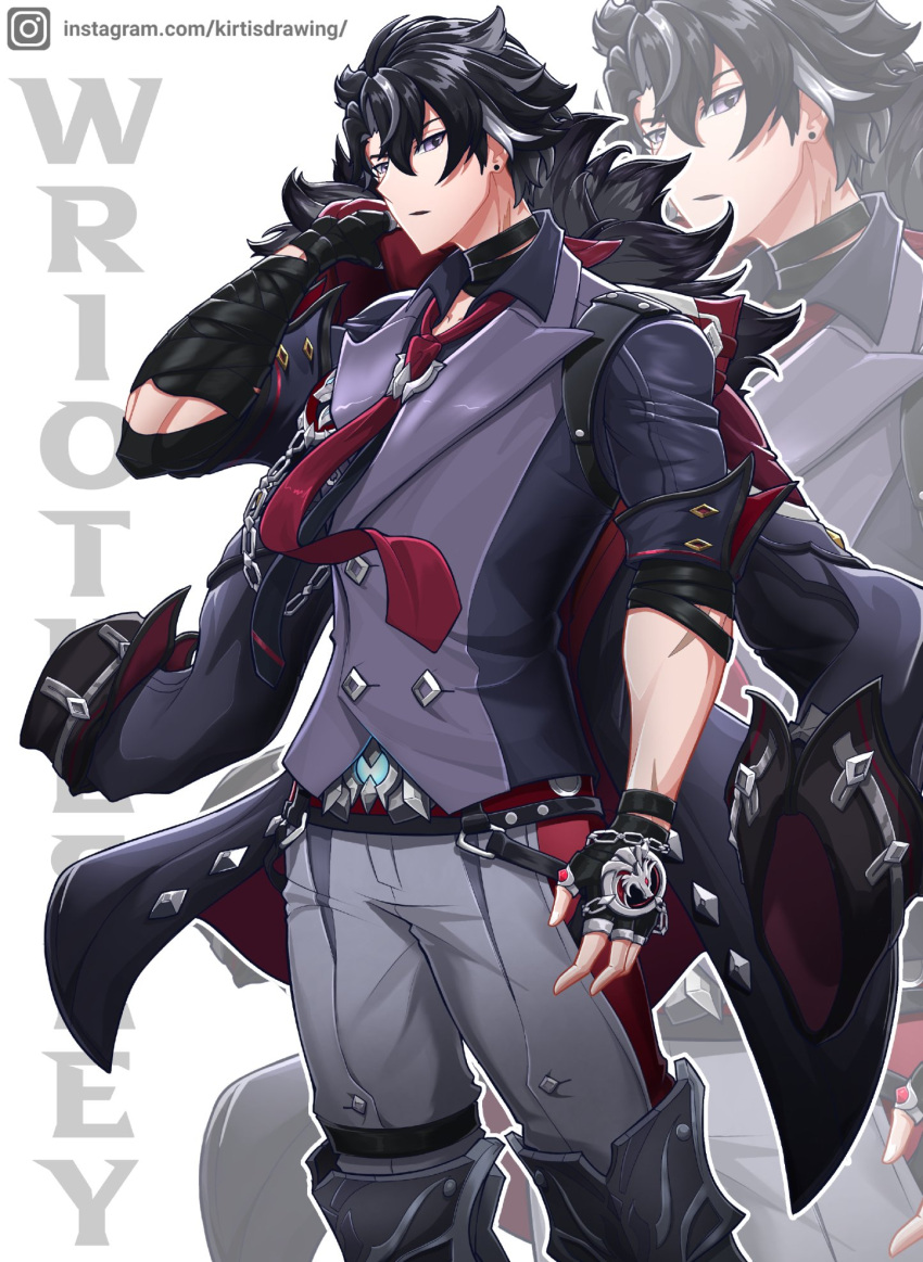 1boy belt black_choker black_gloves black_hair black_jacket black_shirt boots chain character_name choker collarbone collared_shirt commentary cowboy_shot earrings english_commentary fingerless_gloves fur-trimmed_jacket fur_trim genshin_impact gloves grey_pants grey_vest hair_between_eyes hair_intakes highres instagram_logo instagram_username jacket jacket_on_shoulders jewelry kirt_dust knee_boots looking_at_viewer male_focus multicolored_hair necktie pants parted_lips red_necktie shirt short_hair simple_background sleeves_rolled_up solo spiky_hair streaked_hair toned toned_male unworn_jacket vest violet_eyes white_background wriothesley_(genshin_impact)