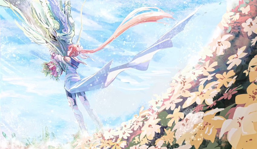 1girl absurdres blue_sky bouquet cape closed_eyes closed_mouth commentary_request dragon floating_hair flower full_body highres holding holding_bouquet jacket koyomania light_particles long_hair long_sleeves meadow nogi_wakaba_wa_yuusha_de_aru off_shoulder orange_hair outdoors pink_flower ponytail sky smile solo standing takashima_yuuna very_long_hair waist_cape white_cape white_jacket yellow_flower yuusha_de_aru