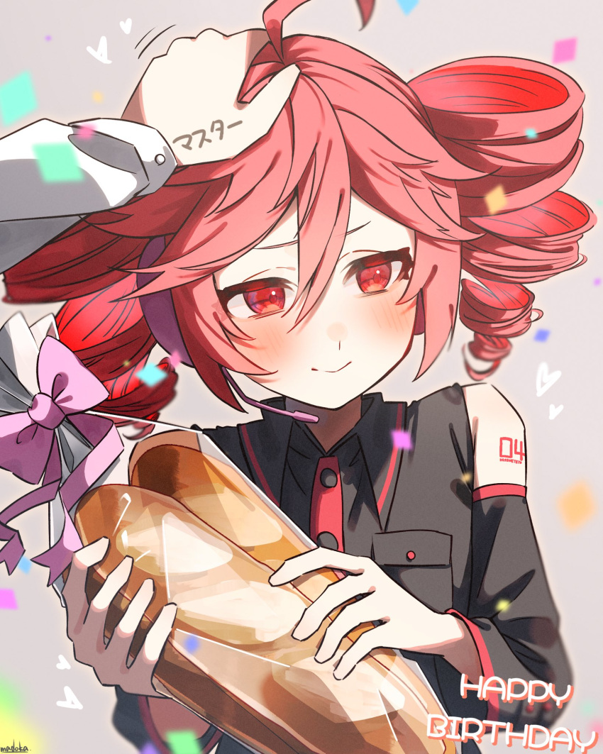 1girl baguette bare_shoulders blush bow bowtie bread collar commentary_request drill_hair en_(madoka_01) food hand_in_another's_hair happy_birthday highres holding kasane_teto pink_bow pink_bowtie pocket red_eyes redhead smile solo solo_focus translation_request utau