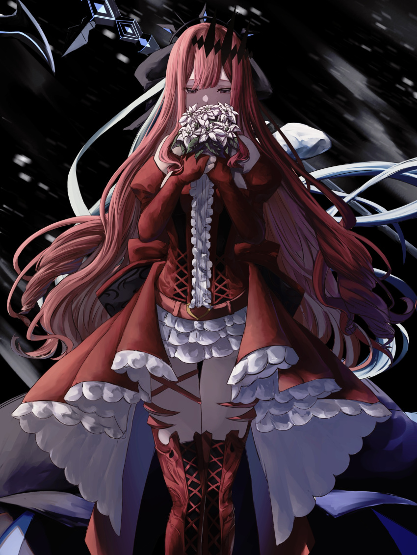 1girl absurdres baobhan_sith_(fate) baobhan_sith_(first_ascension)_(fate) black_background boots breasts detached_sleeves dress fate/grand_order fate_(series) flower frilled_dress frills gradient_background grey_eyes hair_ornament hands_up highres holding holding_flower long_hair long_sleeves looking_down pink_hair red_dress red_footwear sidelocks solo thigh_boots white_flower yagi_(yagi5art)