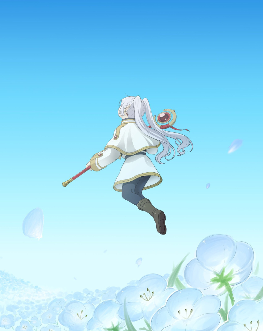 1girl black_pantyhose blue_flower blue_sky blue_theme brown_footwear capelet clear_sky commentary_request floating flower frieren from_behind gold_trim highres holding holding_staff levitation long_hair long_sleeves looking_up mage_staff pantyhose shiharu1115 skirt sky solo sousou_no_frieren staff striped_clothes striped_skirt twintails white_capelet white_skirt