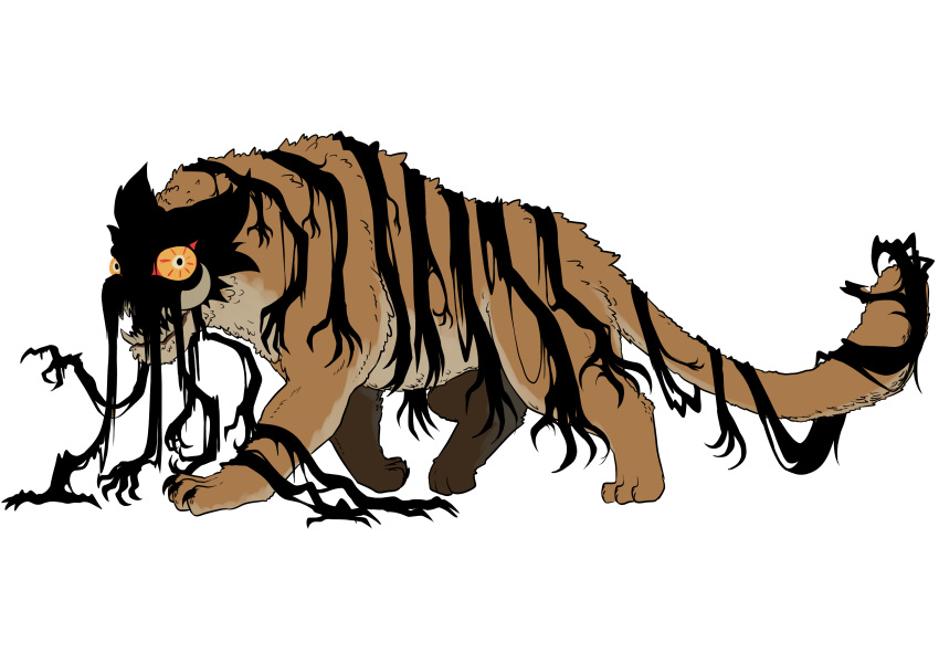 absurdres colored_sclera commentary_request cz_(anstjrwn2758) dream_tiger_(govy9807) highres monster no_humans orange_fur original shadow sharp_teeth teeth tiger tiger_stripes tusks white_background white_fur yellow_sclera