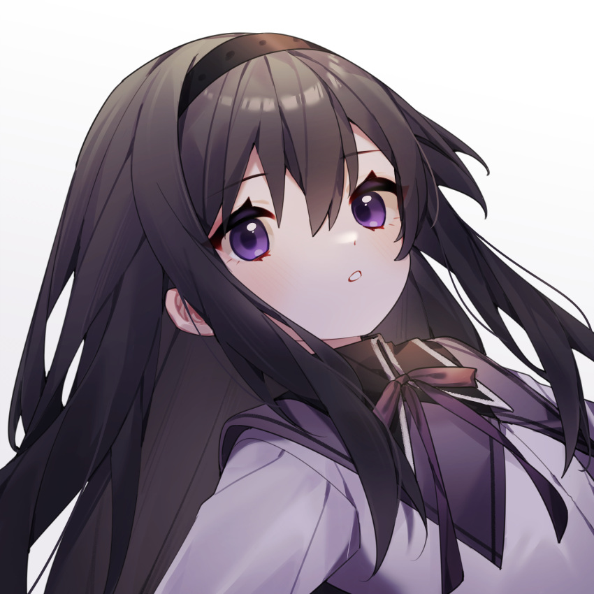 1girl :o akemi_homura black_hair black_hairband capelet collared_capelet commentary expressionless hair_between_eyes hairband highres long_hair looking_at_viewer mahou_shoujo_madoka_magica mahou_shoujo_madoka_magica_(anime) neck_ribbon portrait purple_capelet purple_ribbon ribbon roro_(lolo) simple_background solo symbol-only_commentary violet_eyes white_background