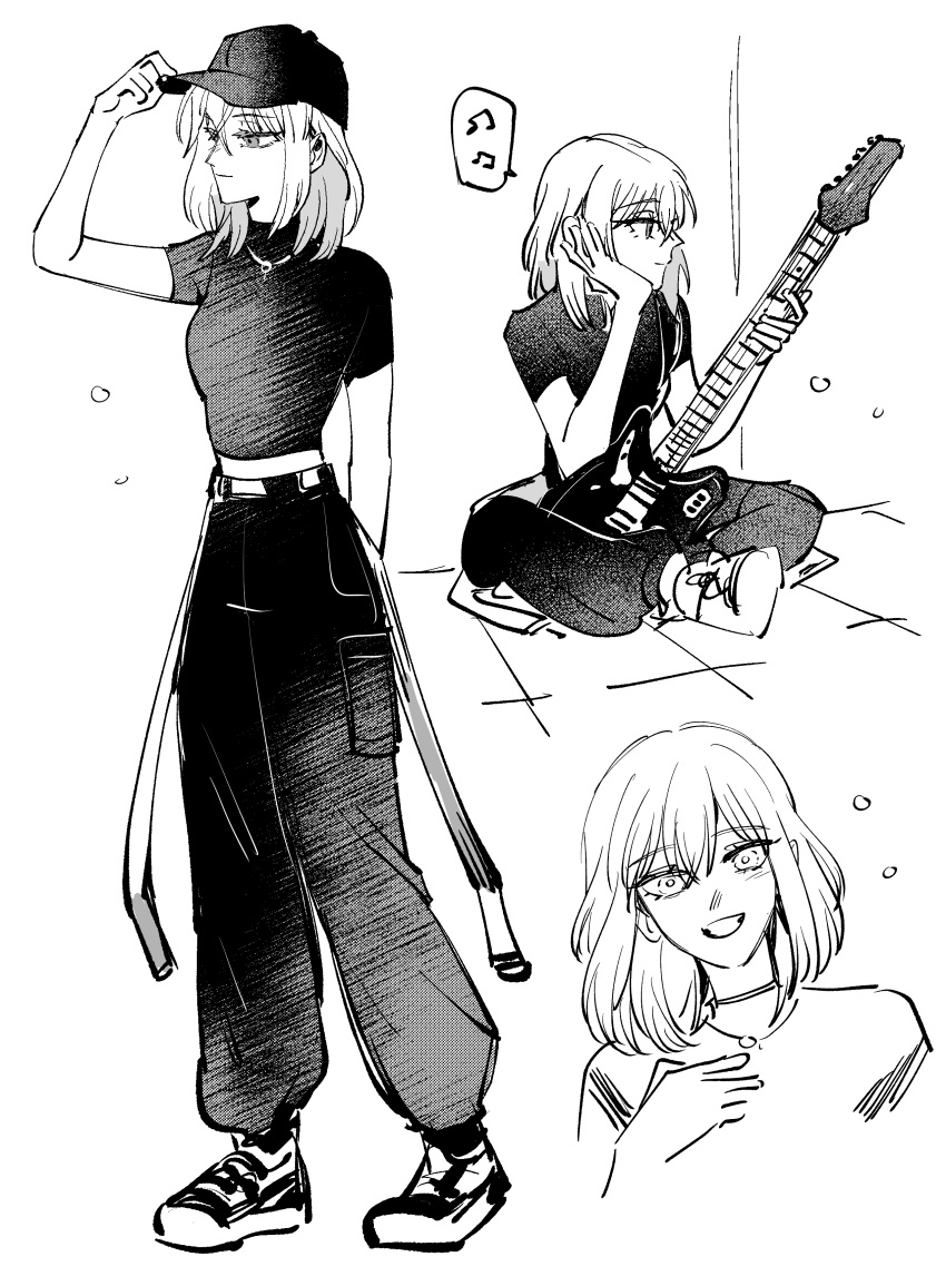 1girl absurdres bang_dream! bang_dream!_it's_mygo!!!!! baseball_cap choker closed_mouth commentary crossed_legs electric_guitar greyscale guitar hat highres instrument jewelry maybecrosswise medium_hair misumi_uika monochrome multiple_views musical_note necklace open_mouth pants shoes short_sleeves sitting smile sneakers spoken_musical_note