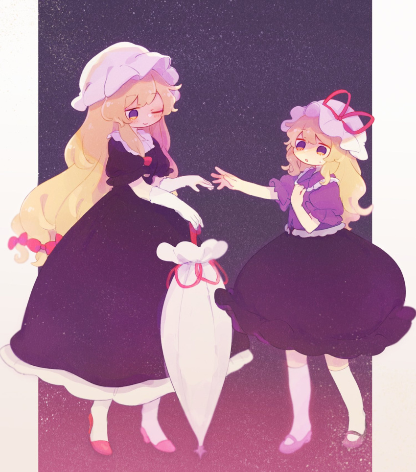 2girls ashiyu_(ashu-ashu) black_footwear blonde_hair blouse bow closed_mouth closed_umbrella commentary_request dress elbow_gloves frilled_shirt_collar frills full_body gloves hat hat_bow hat_ribbon high_heels highres long_hair maribel_hearn mary_janes mob_cap multiple_girls one_eye_closed open_mouth parasol puffy_short_sleeves puffy_sleeves purple_dress purple_shirt purple_skirt red_ribbon ribbon shirt shoes short_sleeves skirt sky smile standing star_(sky) starry_sky taboo_japan_disentanglement touhou umbrella very_long_hair violet_eyes white_gloves white_hat white_umbrella yakumo_yukari yellow_eyes