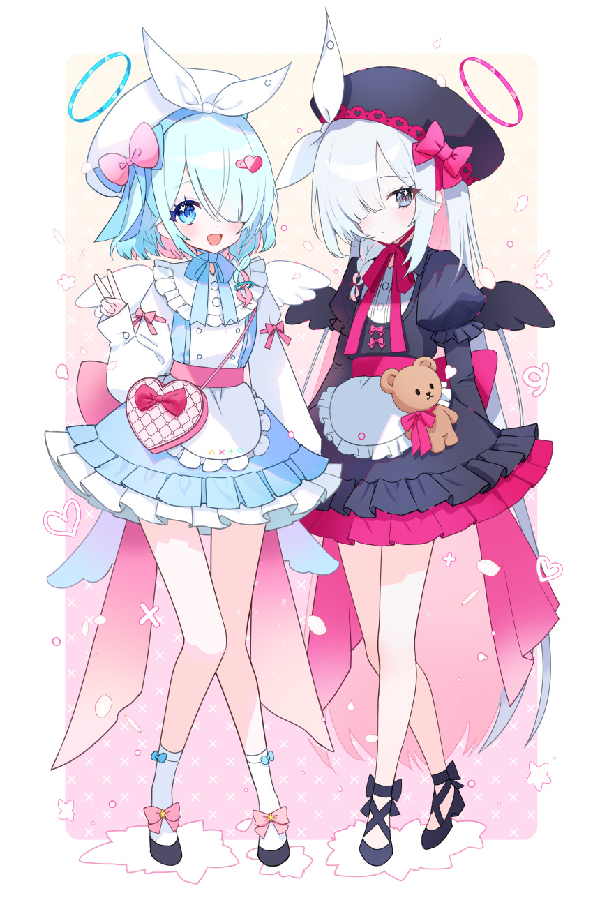 2girls :d absurdres alternate_costume apron arona_(blue_archive) beret black_dress black_eyes blue_archive blue_dress blue_eyes blue_hair blue_halo bow bow_legwear cross-laced_footwear dress expressionless footwear_bow frilled_dress frills gothic_lolita hair_bow hair_ornament hair_over_eyes halo hat heart heart-shaped_bag heart_hair_ornament highres hovaku lace-up_heels lolita_fashion long_hair multicolored_hair multiple_girls neck_ribbon pastel_colors pink_hair plana_(blue_archive) puffy_short_sleeves puffy_sleeves red_halo ribbon short_hair short_sleeves simple_background smile socks sparkle sparkling_eyes stuffed_animal stuffed_toy tailcoat teddy_bear two-tone_hair v very_long_hair white_background white_hair