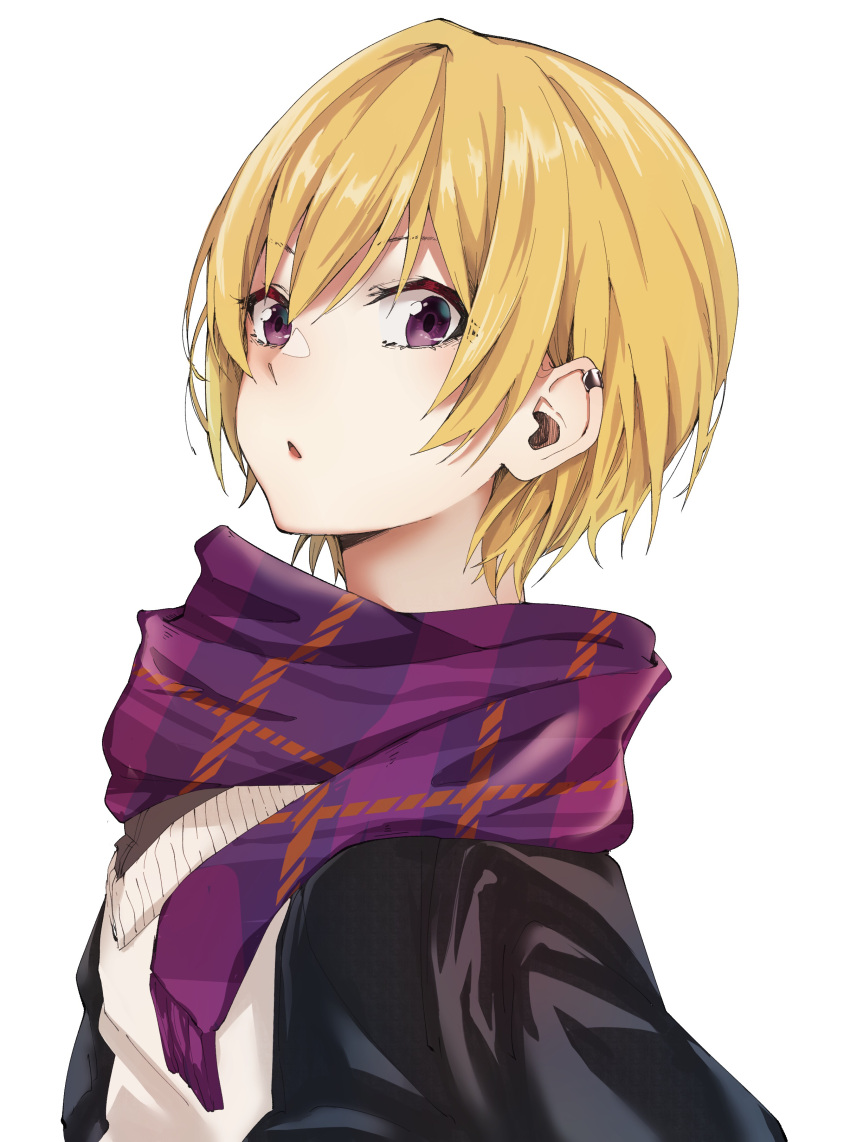1girl absurdres black_jacket blonde_hair blush breasts ear_piercing from_side hair_between_eyes highres idolmaster idolmaster_shiny_colors jacket looking_at_viewer lulutaeri parted_lips piercing plaid plaid_scarf purple_scarf saijo_juri scarf short_hair simple_background small_breasts solo sweater upper_body violet_eyes white_background white_sweater