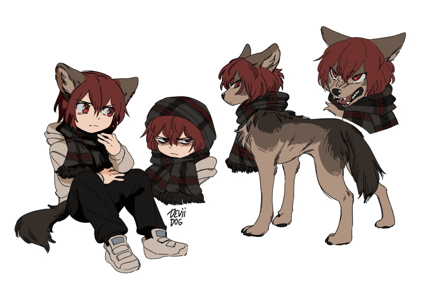 1boy animal animal_ears animalization artist_name black_pants black_scarf child closed_mouth deviidog0 full_body highres hood hood_down hooded_jacket jacket looking_to_the_side male_focus multiple_views original pants red_eyes redhead scarf shoes short_hair simple_background sitting sneakers tail white_background wolf wolf_boy wolf_ears wolf_tail