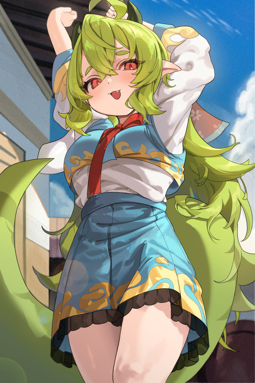1girl absurdres ahoge arms_up blue_skirt blue_sky blue_vest blush breasts clouds cowboy_shot day dragon_tail fang film_grain frilled_skirt frills from_below green_hair hair_between_eyes highres horns korean_commentary long_hair long_sleeves looking_at_viewer medium_breasts necktie open_mouth original outdoors pointy_ears red_eyes red_necktie rima_(0136) shirt skirt sky smile solo standing stretching tail very_long_hair vest white_shirt