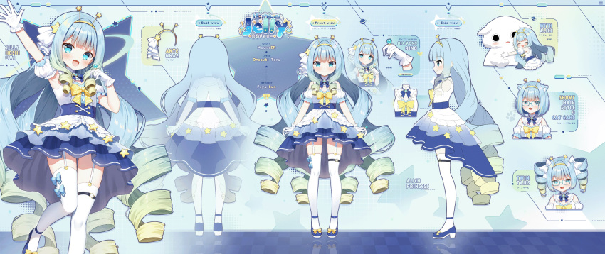 1girl :d absurdres animal_ears artist_name bare_shoulders blue_dress blue_eyes blue_footwear blue_hair bow cat_ears character_name closed_mouth commentary_request dress drill_hair full_body garter_straps glasses gloves gradient_hair green_hair hair_bow hairband highres hugging_object jelly_hoshiumi jewelry mauve multicolored_hair multiple_views official_alternate_hairstyle official_art phase_connect puffy_short_sleeves puffy_sleeves reference_sheet ring shoes short_sleeves sleeveless sleeveless_dress smile standing star_(symbol) thigh-highs twin_drills virtual_youtuber white_bow white_gloves white_sleeves white_thighhighs yellow_hairband