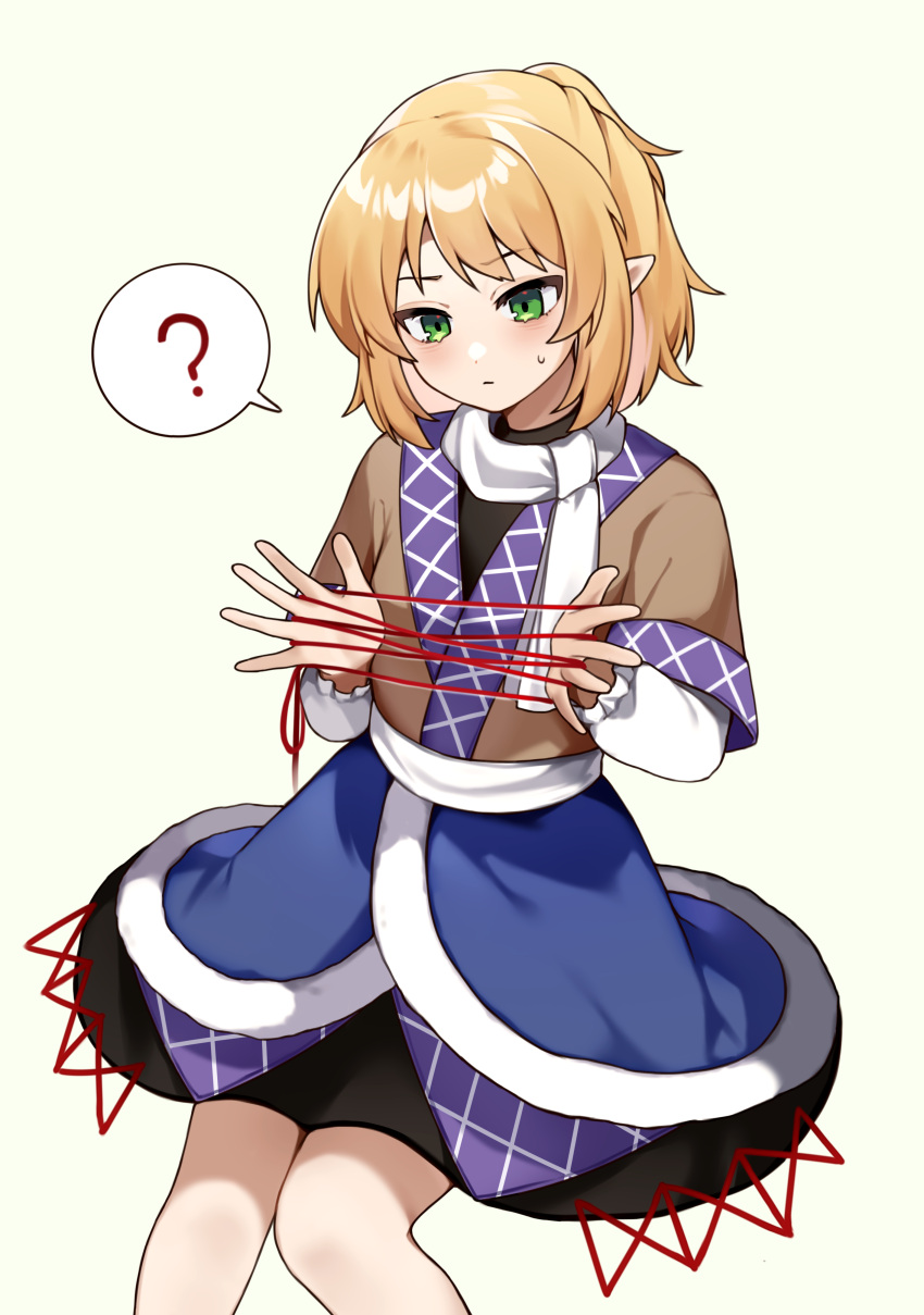 1girl ? absurdres arm_warmers black_shirt black_skirt blonde_hair blush breasts brown_shirt cat's_cradle closed_mouth commentary_request expressionless feet_out_of_frame green_eyes grey_background highres medium_bangs mizuhashi_parsee parsee_day pointy_ears sash scarf shirt short_hair short_ponytail short_sleeves simple_background skirt small_breasts solo spoken_question_mark touhou undershirt utsuro114514 white_sash white_scarf