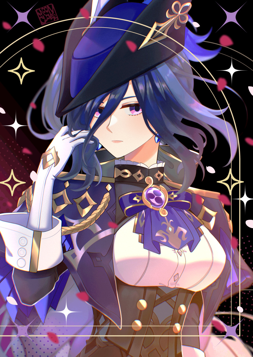 1girl absurdres ascot black_corset black_hair blue_ascot blue_hair blue_hat breasts clorinde_(genshin_impact) corset epaulettes genshin_impact gloves hat hat_feather highres jewelry long_hair looking_at_viewer moonieclover purple_ascot shirt solo tricorne upper_body very_long_hair violet_eyes white_gloves white_shirt
