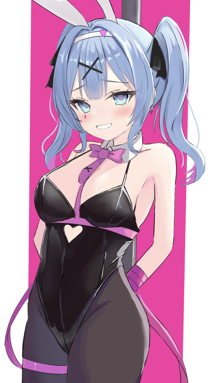 1girl absurdres animal_ears arms_behind_back bare_shoulders black_leotard black_pantyhose blue_eyes blue_hair blush bow bowtie breasts clothing_cutout cutout_above_navel detached_collar fake_animal_ears hair_ornament hatsune_miku hatsune_miku_(vocaloid3) heart_cutout highres leotard looking_at_viewer object_in_bra pantyhose pink_pupils playboy_bunny pole rabbit_ears rabbit_hole_(vocaloid) smile solo stripper_pole tamamorh teardrop_facial_mark twintails vocaloid x_hair_ornament