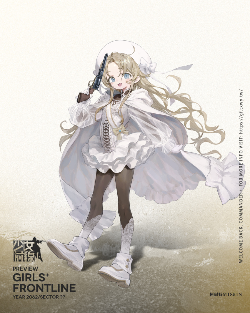 1girl bandaid bandaid_on_cheek bandaid_on_face blonde_hair blue_eyes bow cape character_name colt_m1851n_(girls'_frontline) dress fang frilled_skirt frills full_body girls_frontline gun hat highres holding holding_gun holding_weapon long_hair looking_at_viewer official_art open_mouth see-through see-through_sleeves sho_(sho_lwlw) skin_fang skin_tight skirt solo weapon white_cape white_dress white_footwear white_hat