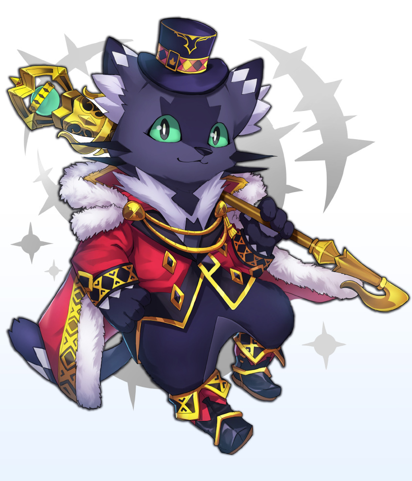 1boy absurdres black_footwear black_hat black_pants boots cait_sith_(housamo) cape cat_boy closed_mouth colored_sclera full_body furry furry_male green_sclera hat highres holding holding_scepter jacket looking_at_viewer male_focus pants red_cape red_jacket scepter solo tokyo_afterschool_summoners top_hat white_background yed_(yedsilent)