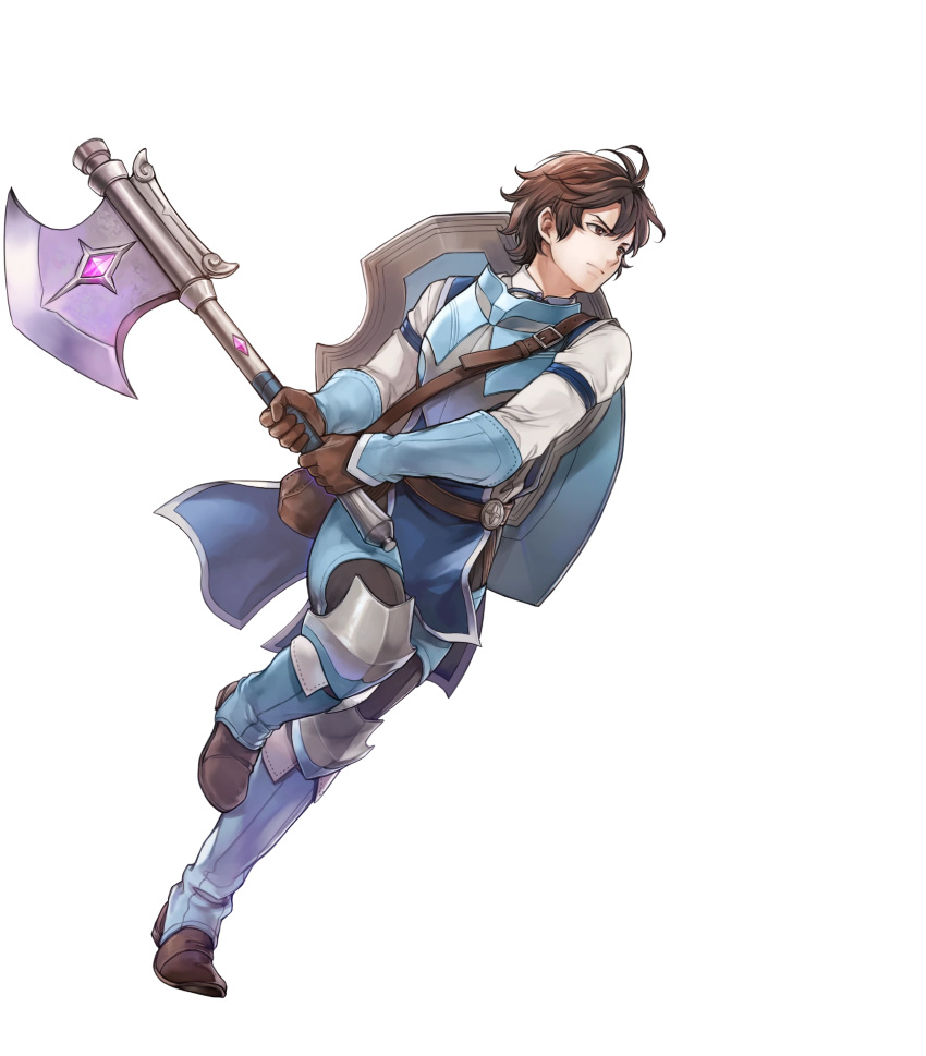 1boy aged_down attack axe brown_eyes brown_gloves brown_hair fire_emblem fire_emblem_awakening fire_emblem_heroes frederick_(child)_(fire_emblem) frederick_(fire_emblem) gloves highres holding holding_axe non-web_source pebble pouch shield shield_on_back short_hair solo swinging tagme