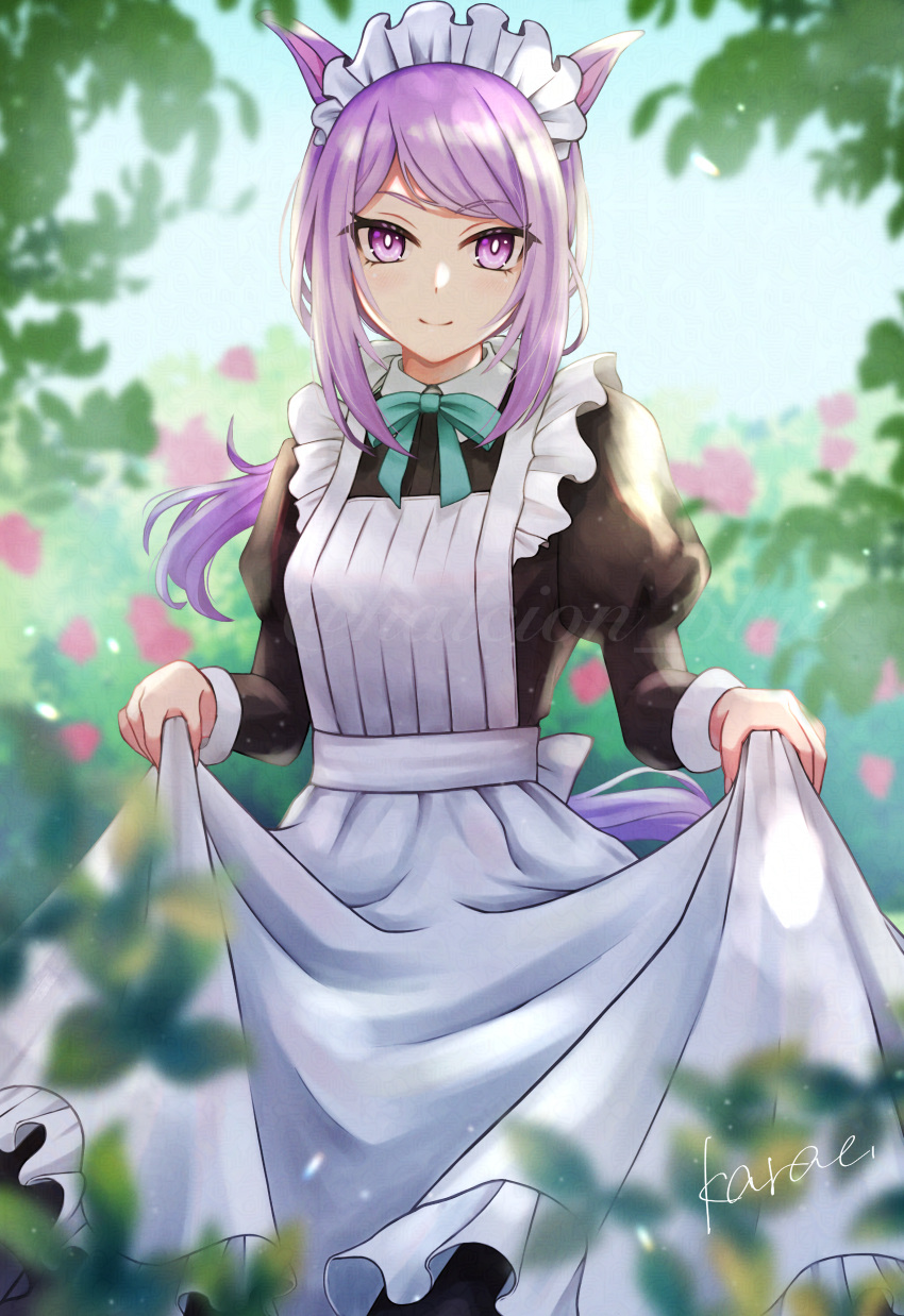 1girl absurdres alternate_costume animal_ears apron aqua_bow aqua_bowtie bow bowtie enmaided frilled_apron frills halcioneis highres horse_ears horse_girl horse_tail long_hair long_sleeves looking_at_viewer maid maid_apron maid_headdress mejiro_mcqueen_(umamusume) outdoors puffy_sleeves purple_hair solo standing tail umamusume violet_eyes white_apron