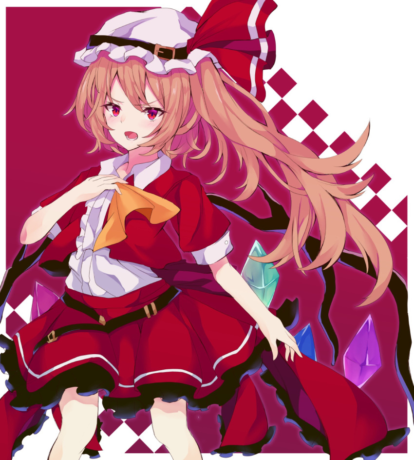 1girl adapted_costume ascot belt belt_buckle blonde_hair border brown_belt buckle center_frills cowboy_shot crystal flandre_scarlet frilled_skirt frills hat hat_belt highres long_hair lower_teeth_only mob_cap multicolored_wings one_side_up open_mouth puffy_short_sleeves puffy_sleeves red_background red_eyes red_shirt red_skirt ri_cochet shirt short_sleeves skirt solo teeth touhou white_background white_border white_headwear white_shirt wings yellow_ascot