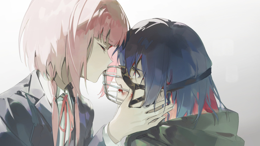 2girls absurdres blazer blood blood_on_face blood_on_hands blue_eyes blue_hair blue_jacket braid closed_eyes collared_shirt commentary facing_another fangs from_side glaring gradient_background grey_background hand_on_another's_face hand_up highres hood hood_down jacket kaf_(kamitsubaki_studio) kamitsubaki_studio kissing_object long_hair long_sleeves looking_at_another low_twintails multicolored_hair multiple_girls muzzle neck_ribbon open_mouth pink_hair profile red_ribbon redhead ribbon rim_(kamitsubaki_studio) shirt twin_braids twintails two-tone_hair upper_body virtual_youtuber walluka white_shirt