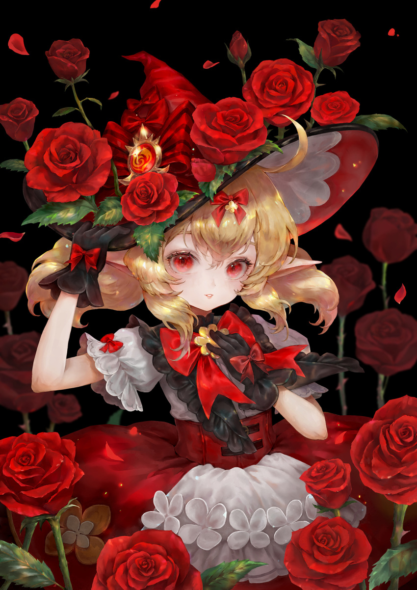 1girl black_gloves blonde_hair bow corset flower genshin_impact gloves hair_bow hand_on_own_chest hat hat_flower highres kim_eul_bong klee_(blossoming_starlight)_(genshin_impact) klee_(genshin_impact) light_smile looking_at_viewer official_alternate_costume parted_lips pointy_ears puffy_short_sleeves puffy_sleeves red_bow red_corset red_eyes red_flower red_hat red_rose red_skirt rose shirt short_sleeves skirt solo white_shirt witch_hat